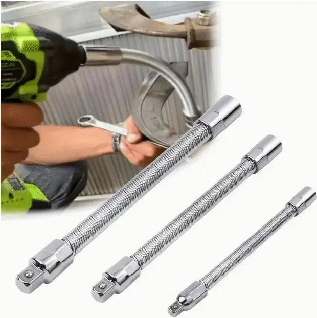 Flexible Socket Extension Bar Set - 3 - Piece 1/2", 3/8", 1/4" Shaft Drive - 10", 8", 6" - Spring - Loaded Ball Detent for Anti - Slip.