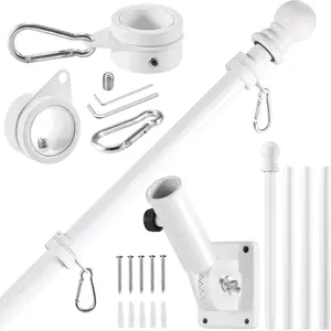 White Flag Pole Kit for House, 5 FT Thickened Stainless Steel Porch Wall Mount Flagpole for 3x5' Flag, 1" Tangle Free Rotating Flag Pole Rings & 180? Adjustable Multi-Positions Bracket Holder