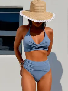 Blue Ribbed Bikini Set - Cross Front Halter Top with Ruched High Waisted Bottoms