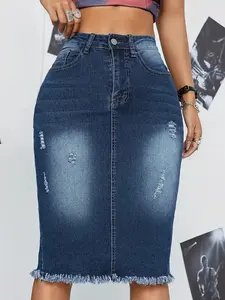 Women's Denim Skirt, Deep Blue Casual Versatile Ripped Frayed Hem Bodycon Midi Skirt, Suitable for Spring Summer Autumn
