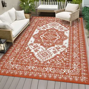 GARVEE Outdoor Plastic Straw Rug 9x12 Reversible Waterproof Outdoor Rug for Patio , Large Vintage Medallion Carpet, RV Mat for Deck, Balcony, Camping, Beach, Picnic, Red and White