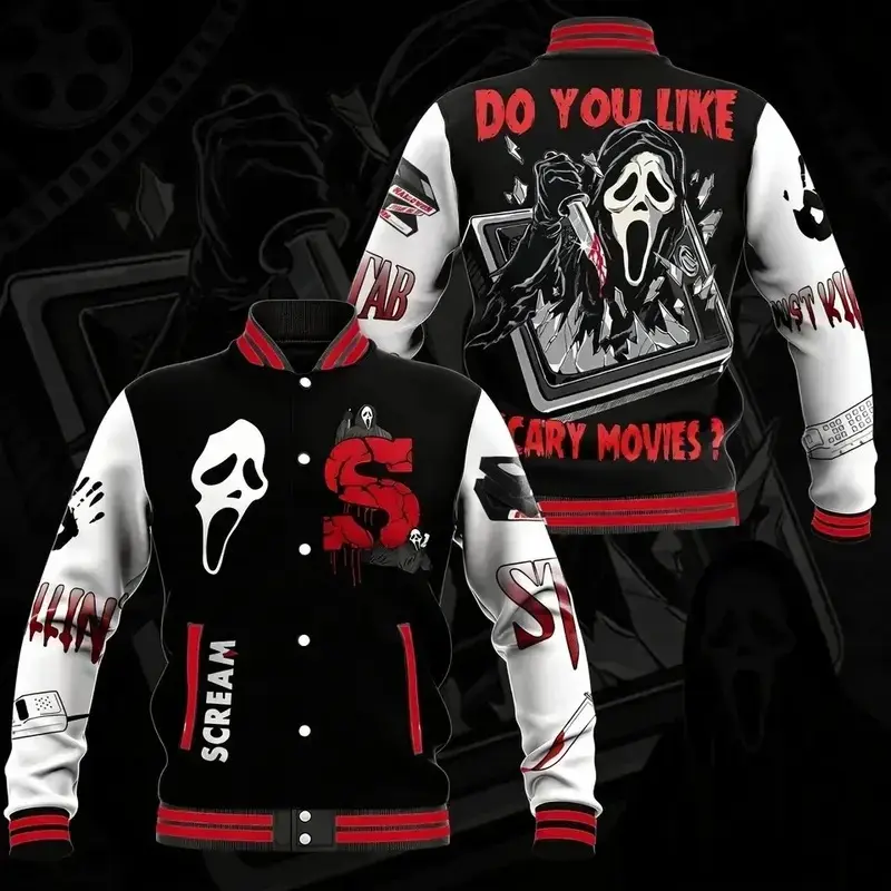 Ghostface Horror Baseball Jacket Scream Movie Varsity Coat, Ghostface Killer Stab Knife Bloody Scream TV Graphics Varsity Jacket, Varsity Baseball Jacket, Football Inspired Style, Unisex Streetwear Coat