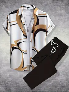 Men's Collar Floral Shirt Set with Black Trousers Featuring Drawstring Waistband Stylish Avant-Garde Trendy Cool High Quality Clothes Fabric Soft Breathable
