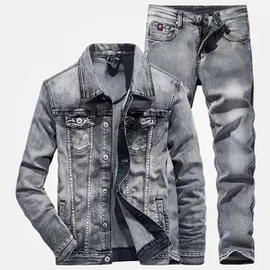 Men's Autumn 2-Piece Set Smoky Gray Long Sleeve Jacket & Jeans Slim Fit Fashion Couple Outfit Stylish Daily Wear Attire with Socks 003B
