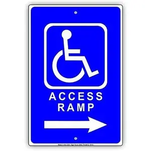 Aluminum Metal Tin Sign - 12x18 Inches - Handicap Access Ramp Direction Arrow Help Right and Left - Blue - Pole Mount - Parking Sign