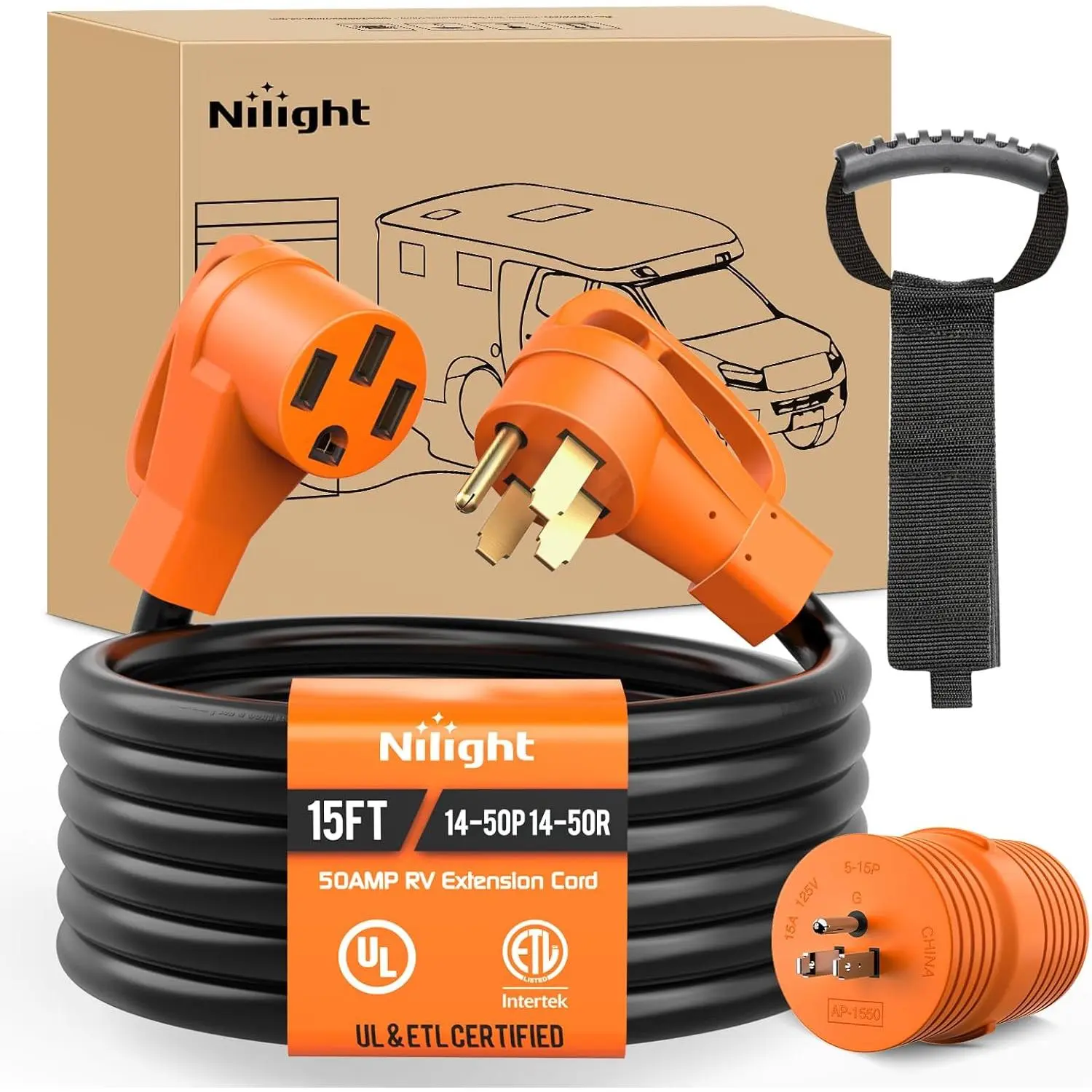 Nilight Outdoor 15FT 50A Fluorescent Green RV Extension Cord, 15A to 50A 250V Adapter, 6/3+8/1 Gauge Pure Copper Core STW PVC Jacket Wire, UL ETL Listed 4-Prong 14-50P 14-50R, Sturdy Connectors, Heavy-Duty Weatherproof for Generators, Campers, Sturdy Plug