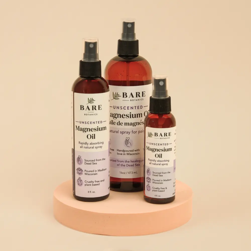 Bare Botanics Unscented Magnesium Oil Spray, All Natural Topical Magnesium Chloride Mist from the Dead Sea, 4oz, 8oz, 16oz Handpoured in Madison, WI, Vegan & Cruelty-Free