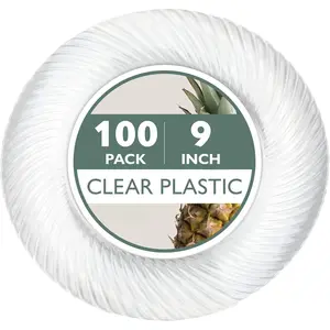 100 Pack 9 Inch Disposable Dessert Plates, Plastic Clear Party Sets for 100 Guests, Clear Appetizer and Cake plates 9", Party & Dinner Accessories, Round Smooth