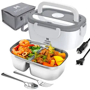 Electric Lunch Box, 65W Portable Food Heater for Adults, Fast Heating Food Warmer for Car Truck Home Office 110V/12V/24V, with 1.5L 304 Stainless Steel Container, Fork Spoon and Bag, White