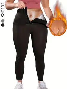 Plus Size High Waist Hook & Eye Sports Leggings, Sport Tummy Control Skinny Pants, Ladies Sportswear Clothing for Gym Workout Running, Elastic Waist Leggings, Fitness Tights, Shaping Leggings