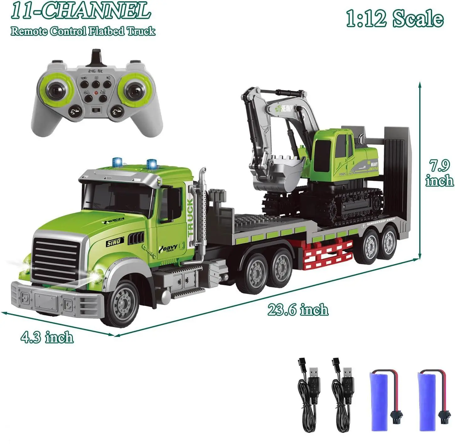 11-Channel Remote Control Car Set - 1:12 Scale RC Semi Truck with Alloy+ABS Bucket Excavator, Trailer, Rechargeable, Sound&Lights, Unisex Kids’ Toy Gifts (All Core Accessories Included), Rc Lorries