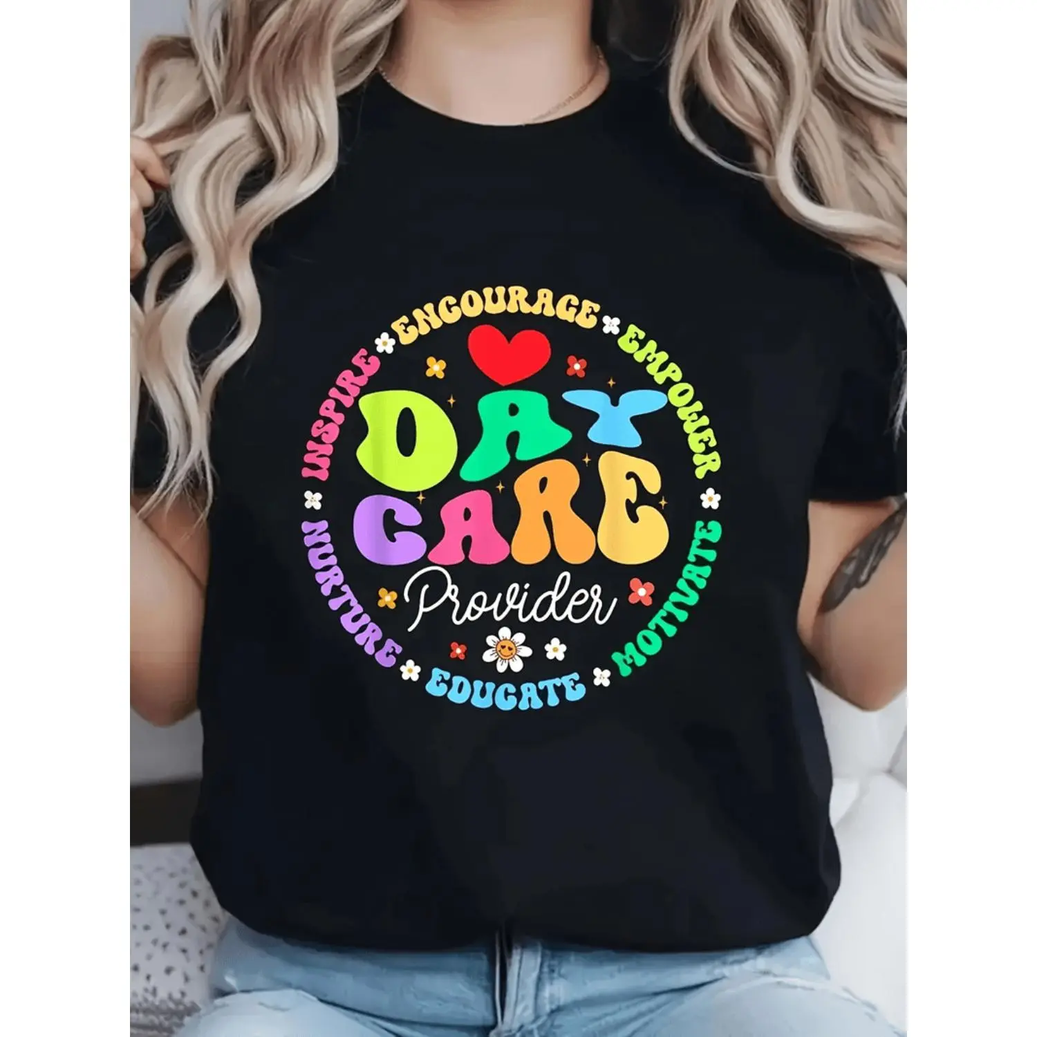Men's Streetwear Graphic Tee with a Retro Vibe, Striped "Groovy Daycare Provider Life" Print, Casual Menswear in Polyester Spandex, Tshirt