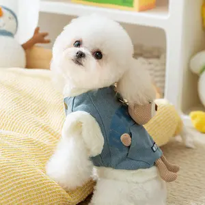 Pocket Three-Dimensional Bear Dog Clothes Puppy Kittens Autumn Winter Warm Velvet Padded Thickened Denim Vest Pet Clothing