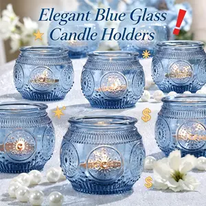 6/12PCS Blue Wish Candle Holders Set, Hand-Blown Sunflower Embossed Glass Tealight Cups, Hanukkah Candle Holders, INS Style Table Decor, Christmas Birthday Wedding Holiday Centerpiece
