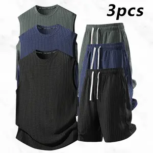 Men's 3-Piece Set Sleeveless Vest & Shorts Waffle Texture Breathable Ice Silk High Elastic Drawstring Waistband Summer Casual Wear mens  shapewear  usa fathersdaygift
