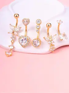 Women's Elegant Rhinestone Decorated Heart & Butterfly Design Navel Ring (5pcs/set), Rhinestone Belly Ring, Fashion Body Jewelry, Fashion Jewelry for Party, Daily Clothing Decor, Trendy All-match & Exquisite Jewelry for Birthday Gift, Body Jewellery
