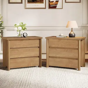 Set of 2 Bedroom Nightstands, 31.5 Inch Wide with 3 Drawers, Rustic Brown Wooden Side Tables for Bedroom Storage
