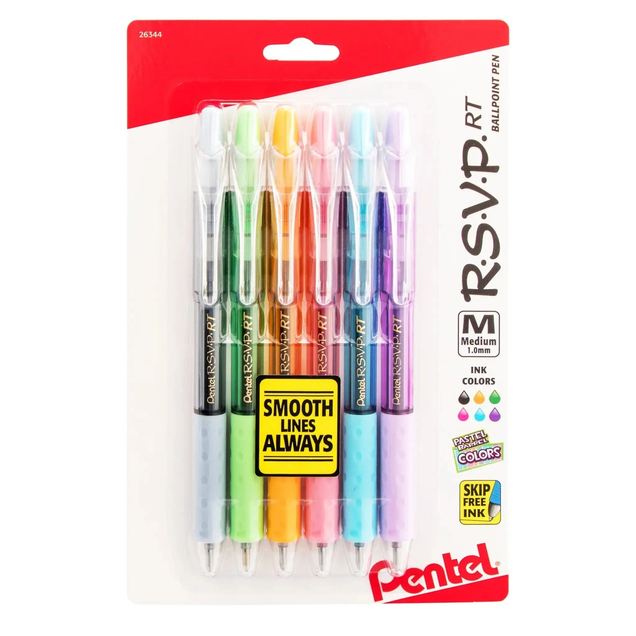 Pentel RSVP RT Pastel Barrel Ballpoint Ink Pens Set - 6-Pack Assorted Colors, Smooth Writing, Aesthetic Office Stationery Accessories, Note Taking Tools, Ink Pen, Assortment Kit Pens & Refills