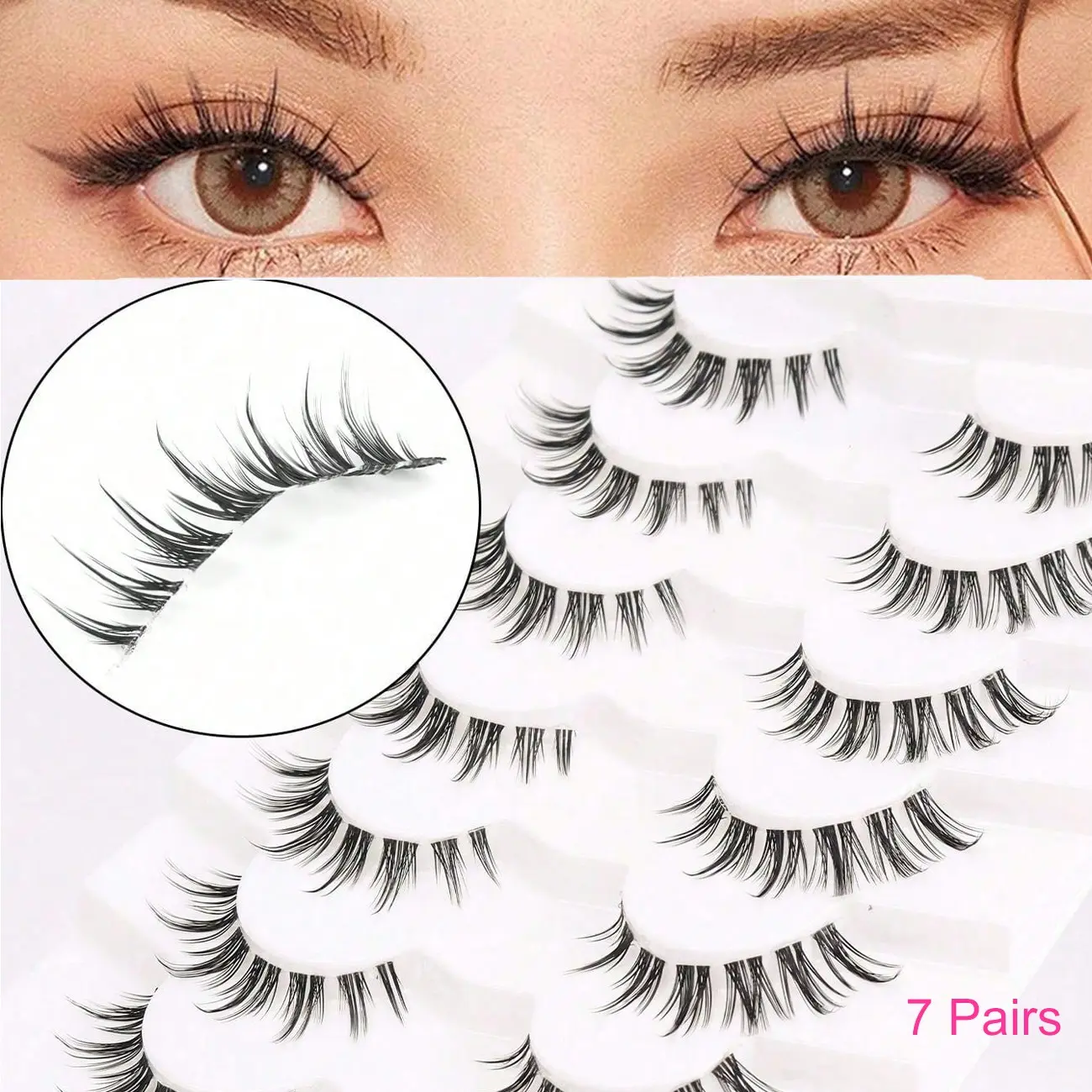 7 Pairs Cross Barbie Style Transparent Stem Long False Eyelashes Fake Lashes Cosmetic False Lashes High Quality Eyelashes 7-14mm, Naturally Slender Realistic D Curl Lashes, Lightweight 0.07mm Thickness, Makeup