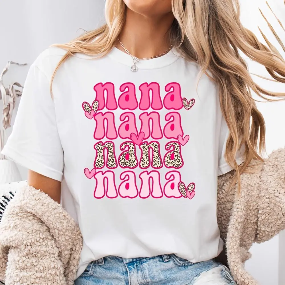 Pink Nana Text Leopard Print Heart Pattern, Neck Drop Shoulder T-Shirt, Mothers Day Grandma Gift, Casual Daily Wear