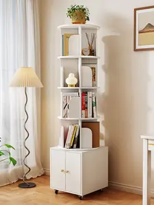 Dreamzon Rotating Bookshelf, 360 Degree Display 5 Tier Corner Bookshelf with Drawer for Small Space, Floor Standing Bookcase Storage Rack, Wood Narrow Book Shelf Organizer for Bedroom, Living Room (WHITE)