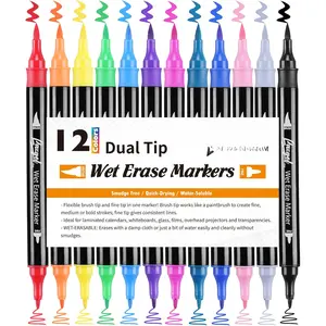 Erase Markers Dual Tip,  12 Assorted Colors, Dual Tip Brush & Fine Overhead Transparency Smudge Free Markers for Dry Erase Whiteboard, Refrigerator Calendars, Glass, Films and Any  of