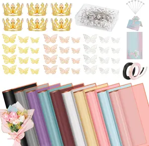 209 Pcs Flower Bouquet Wrapping Paper Waterproof Floral Wrapping Paper Florist Supplies with Butterfly Decoration Crowns Ribbons Bouquet Pin Glue for DIY Craft