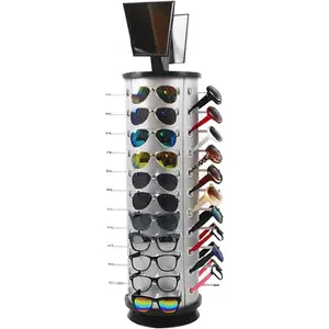 Rotating Sunglass Display Rack for Store, 44 Pairs Glass Holder, Freestanding W/ Mirror Eyeglasses Stand, Commercial Eyewear Organizer (Round) Adjustable Black