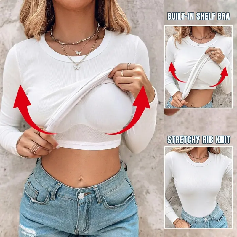 CHICME Women's Built-in Bra Ribbed Knit Top Slim Fit Base Layer Shirt Soft Stretchy Crew Neck Long Sleeve Casual Tee