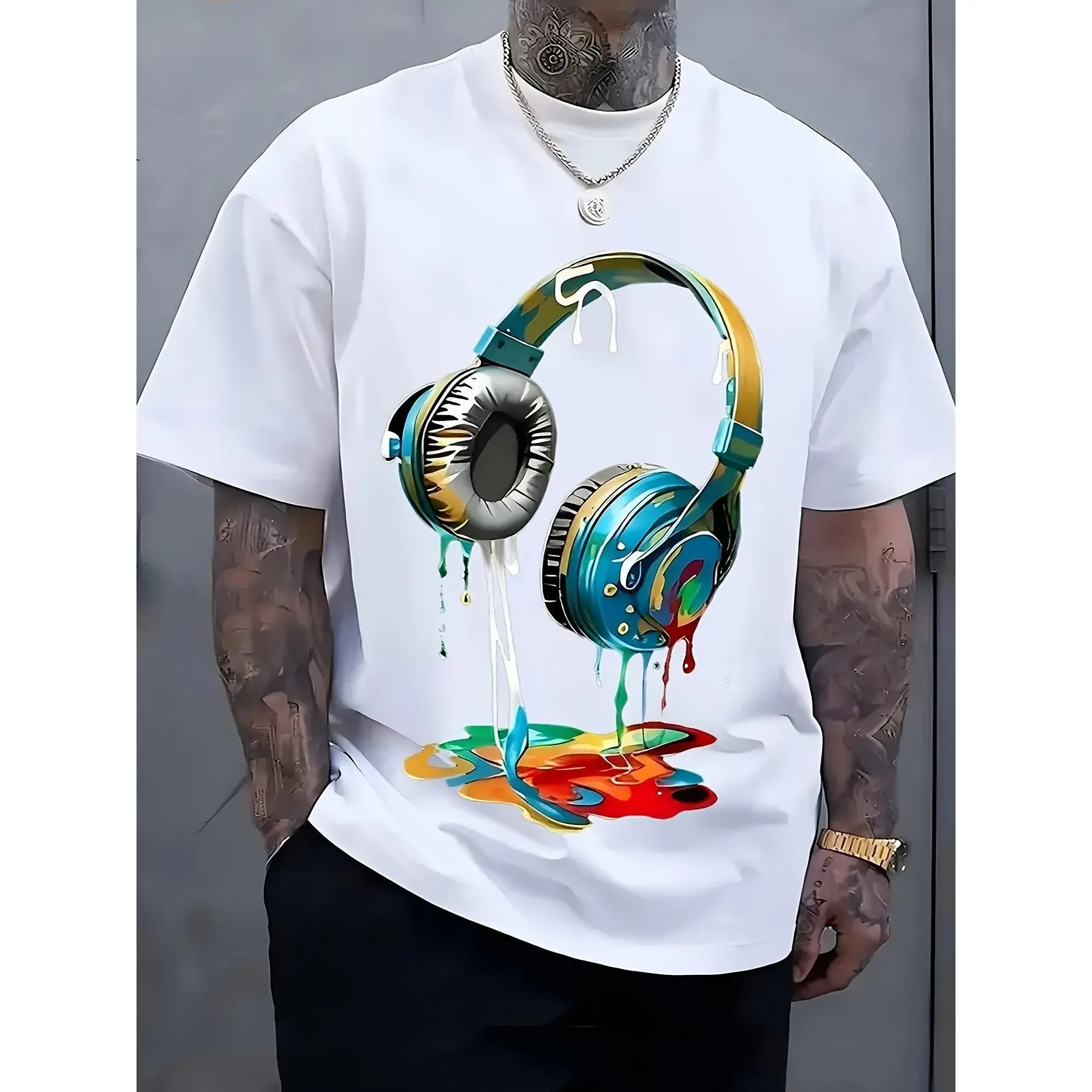 Men'S Streetwear Graphic T-Shirt |   Vibrant Headphones and Paint Splatter Print, Breathable Fabric, Loose Casual Summer T-Shirt, Machine Washable, Casual Wear