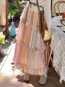 New Vacation Style Bohemian Ruffle Colorblock Midi Skirt for Women, Womenswear, Travel Casual Patchwork Floral Cake Dress, Elegant All-Season Fashion