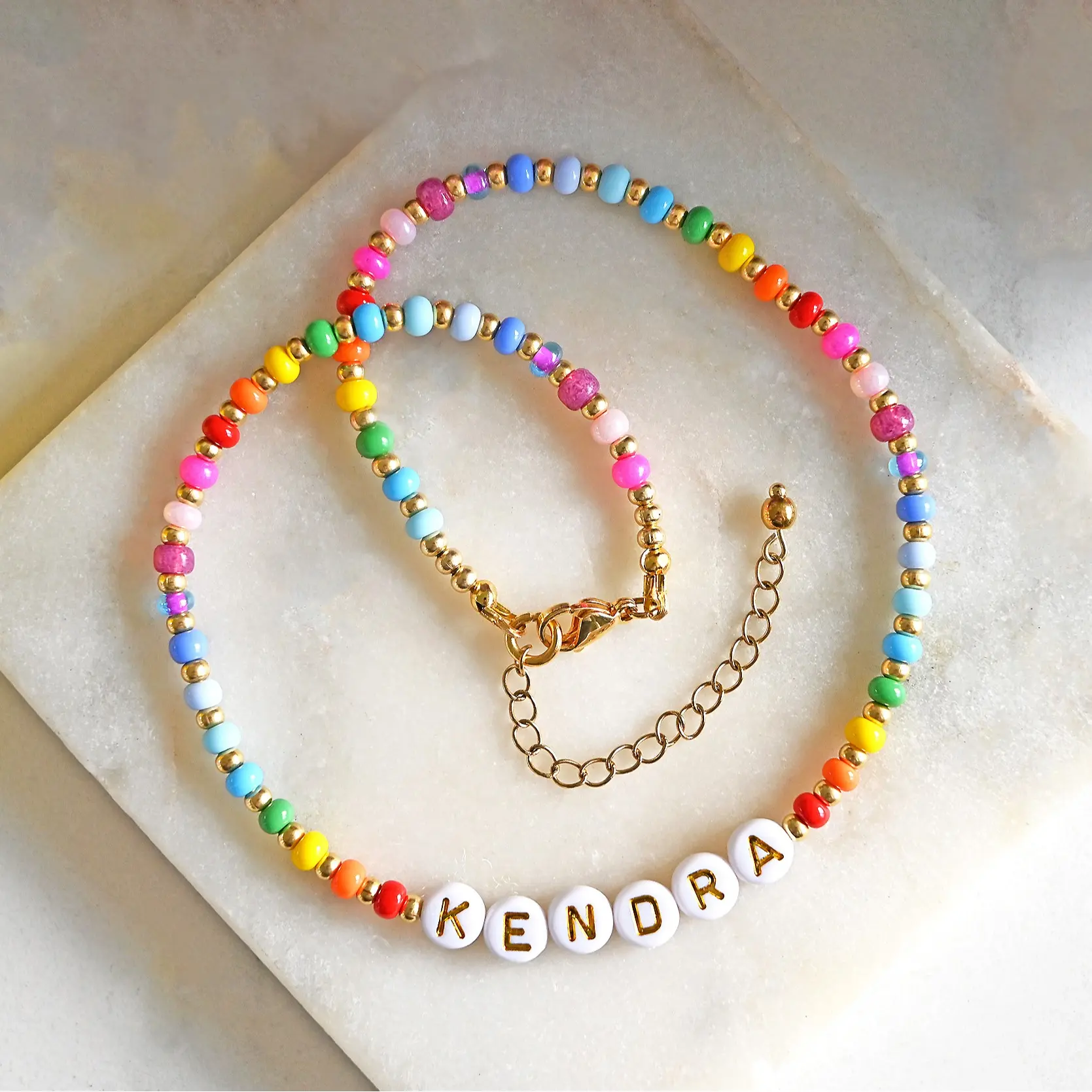 Custom Name Necklace Adjustable Rainbow & Gold Beaded Choker Y2K Dainty Layering Seed Bead Jewelry Personalized Gift for Her Czech Glass Beads Gold Plated Spacers
