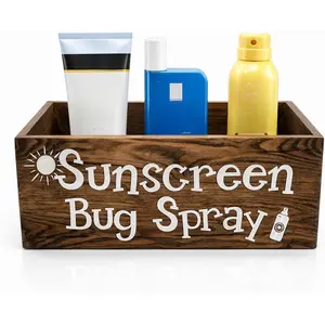 Sunscreen Bug Spray Storage Basket 3 Compartment Dark Brown Summer Beach Wooden Box Toilet Tank Tray for Indoor Outdoor Swimming Pool Decor Sunblock Sunglasses Pool Toy Storage Basket