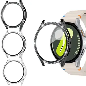 Three-Piece Set for Samsung Galaxy Watch7/6/5/4/fe, High-End Rhinestone Design, Hard PC Case Cover with Glass Screen, Lightweight and Scratch-Resistant