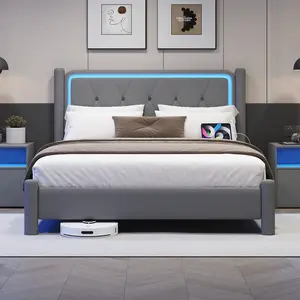 Modern Upholstered Headboard with Dual-Style Design, LED Lighting with Multiple Light Effects, Springless Mattress Compatible, Slatted Support, Full Size/White