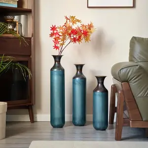 USA Stock Torch-Fired Metal Rustic Flower Vases Set 3 Tall Blue Burnt Finish High Quality Floor Vases for Farmhouse Living Room