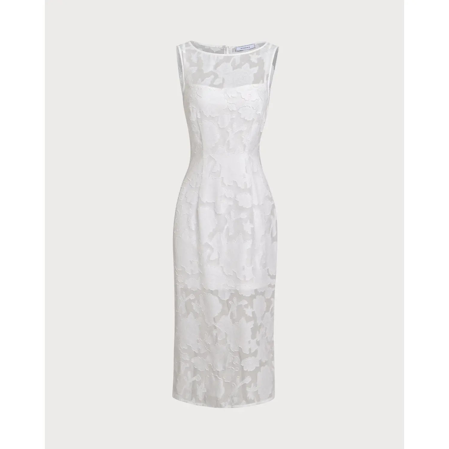 RIHOAS Women's Elegant White Lace Sleeveless Boat Neck Midi Formal Gown with Side Slit, Wedding Guest Dresses, Spandex, Bridal, Polyester, Fabric, Waisted, Anniversary, Chic, Lacy, Going Out, Zip