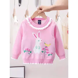 Girls' Knit Sweater with Lettuce Trim, Casual Crew Neck Pullover/Fall, Regular Fit with Medium Stretch, Solid Color - 95%, Spandex 5%