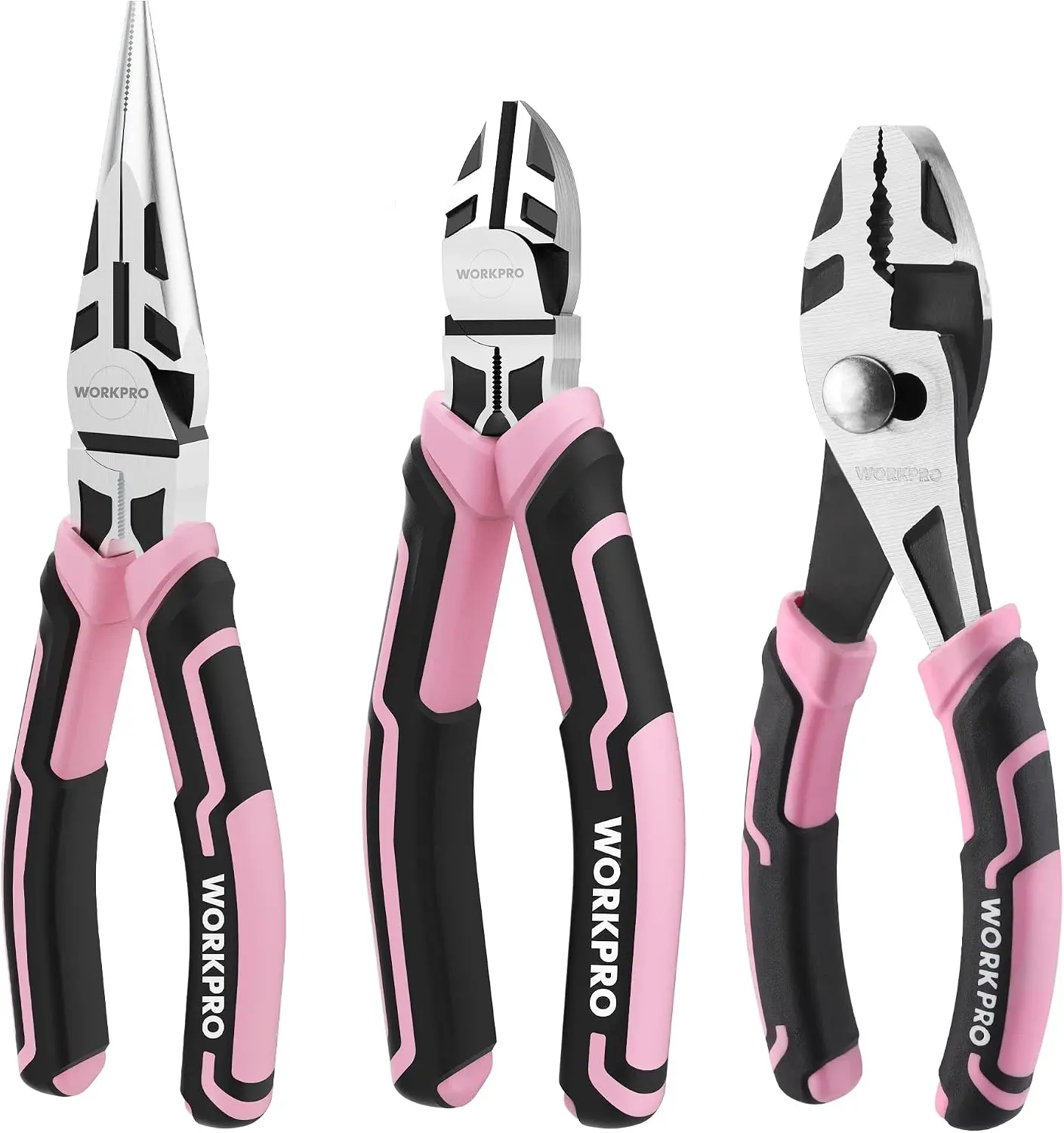 #summersale WORKPRO 3-Pack Pliers Set, Pink Tool Set Including Needle Nose & Diagonal Cutting & Slip Joint Pliers for Plumbing, Automotive and General Applications - Pink Ribbon