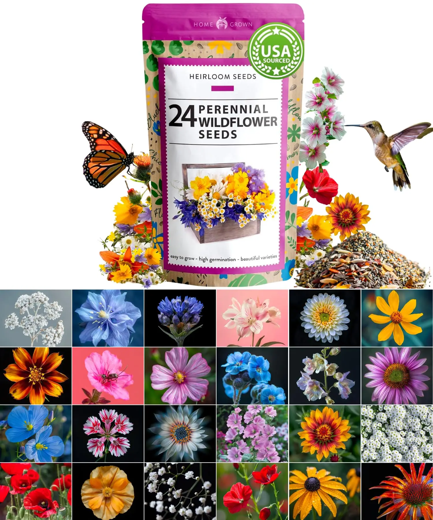 Home Grown Wildflower Seeds Bulk Seeds Mix 3oz (Pure Seeds - No Filler) Attracting Bees, Birds & Butterflies 24 Varieties for Flower Garden
