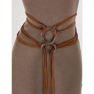 Unisex Medieval Viking Braided Leather Belt Set - Fashion Accessory with Ring Buckle, Tassels, for Halloween Cosplay, Brown