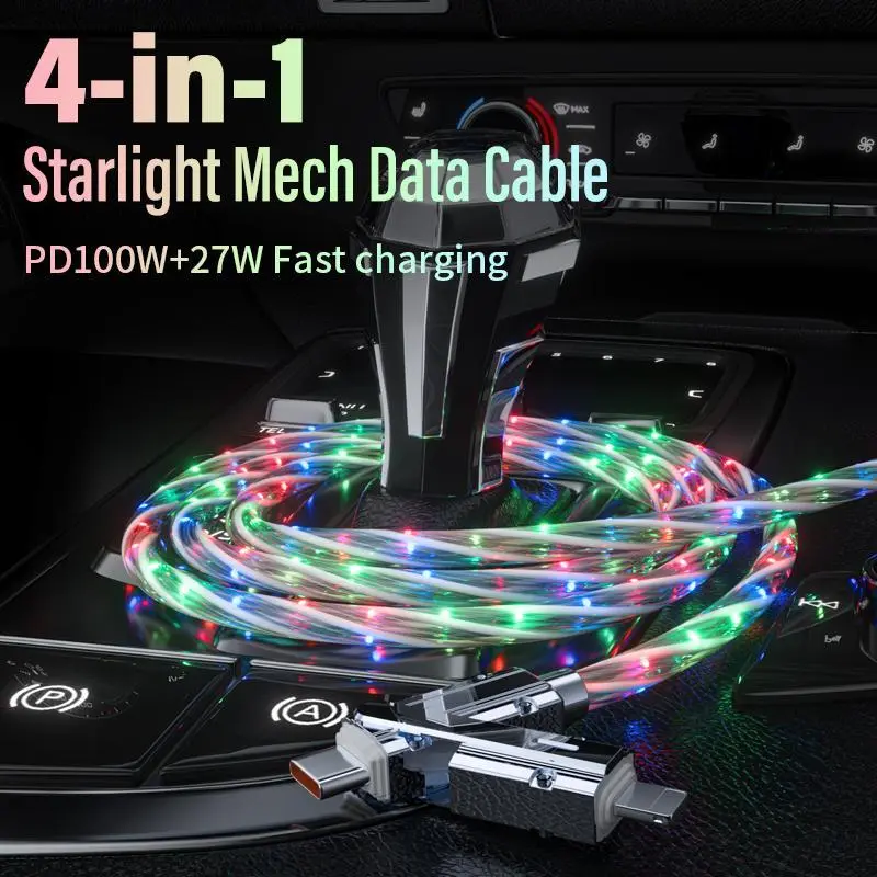 4 in 1 Light up USB Charging Cable Multicolored RGB Starlights LED USB C to Tpye C 66W Fast Multi Charger Cord for iPhone16 15 14 13 12 Mac,Samsung S24 S23 S22(3.3FT)