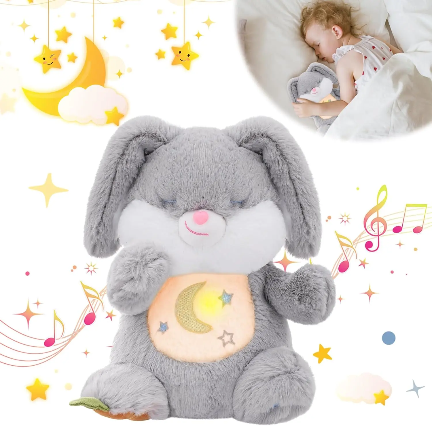 MIAODAM Breathing Stuffed Bunny Plush - Soft Cuddly Gift, Soft Huggable Interactive Realistic Toy with Breathing Motion, Lighted Music, Anxiety Relief, Toddler Gifts, Kids' Easter Decor, DealsForYouDays, Interactive Realistic Bunny, Soothing Stuffed Doll