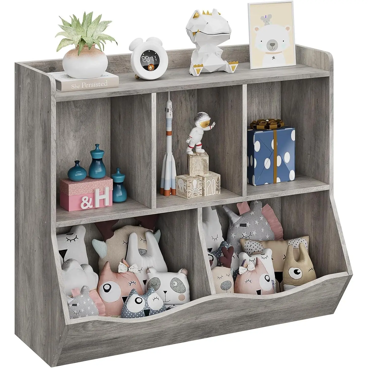 Kids Bookshelf & Toy Storage Cubby - Book Rack, Multi-Layer Design, 2 Bin Block Stash, Fast Insert Setup, Frame-Ready Top Children's Toy Cabinet for Playroom, Bedroom