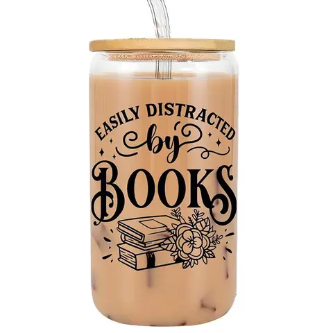 16oz with Lid & Straw, Book Theme, Creative Drinkware for Home Office School, Glass Drinking Cup