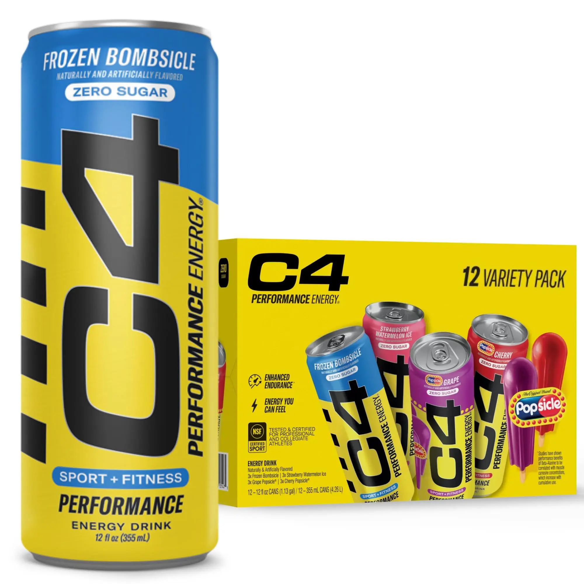 12 PACK Cellucor C4 Energy Drink POPSICLE Variety Pack, Carbonated Sugar Free Pre Workout Performance Drink, 4 Flavors - Grape & Cherry Popsicle, Strawberry Watermelon Ice, Frozen Bombsicle, 12 Oz