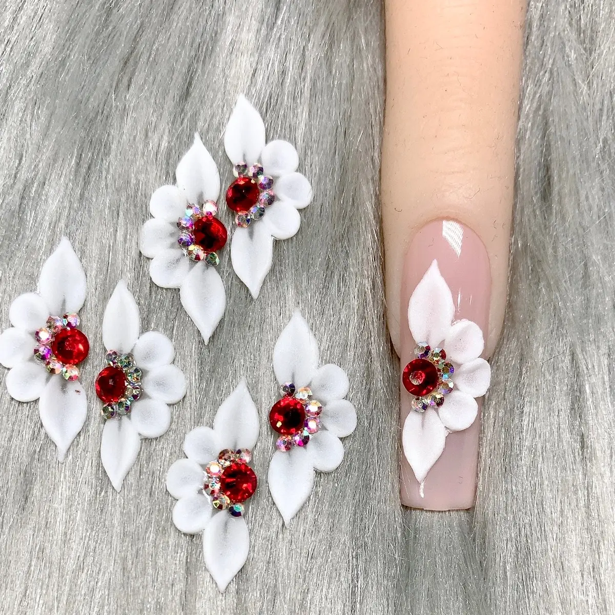 Premade 3D acrylic White flowers Red AB Bling XL petal nail charms nail art