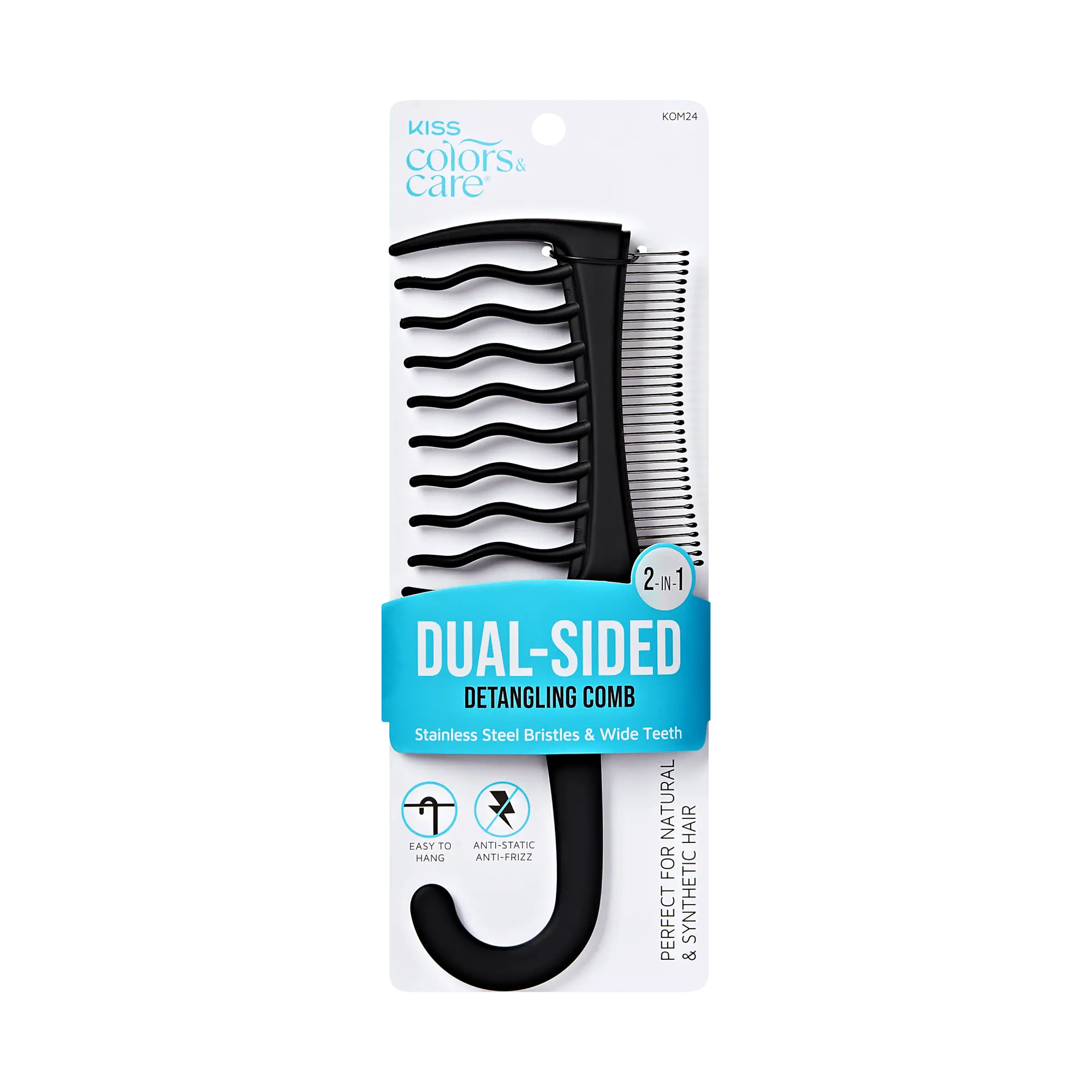 Kiss Colors & Care Dual Sided Detangling Comb | Wide-Tooth Comb, Metal Bristles, Easy Storage