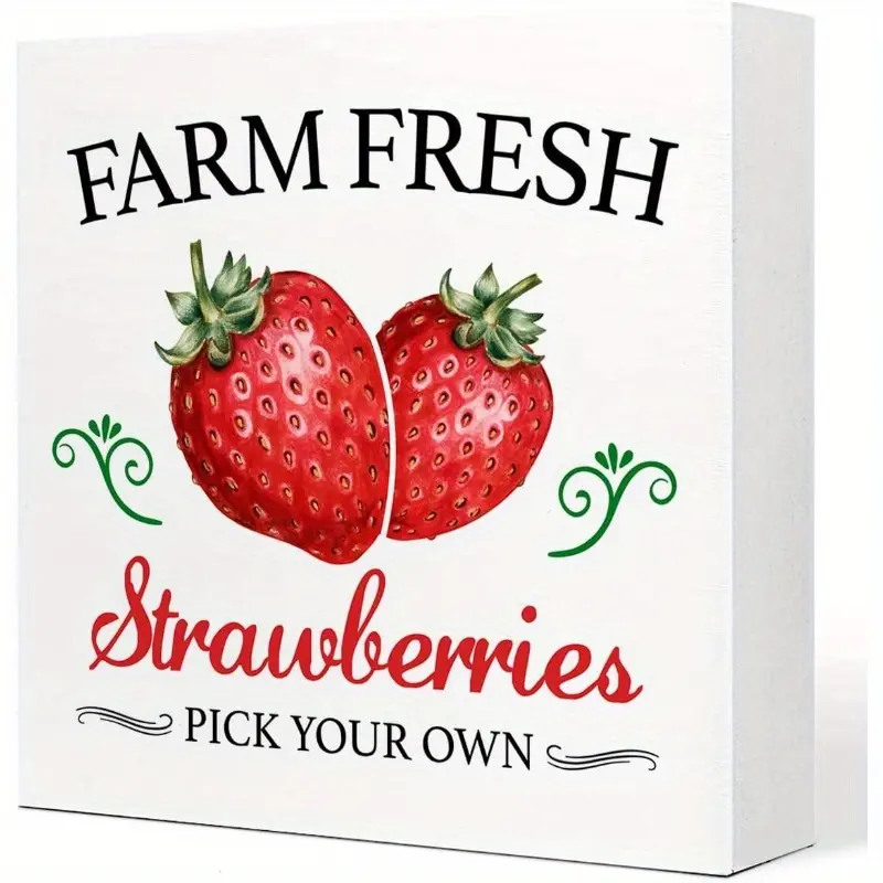 Summer Desk Decor, Farm Fresh Strawberries Pick Your Own Wooden Plaque Sign Desk Decor, Rustic Strawberry Wood Block Sign Desk Decorations for Summer Home Kitchen Farm Garden Shelf Table Decor 5x5 inch