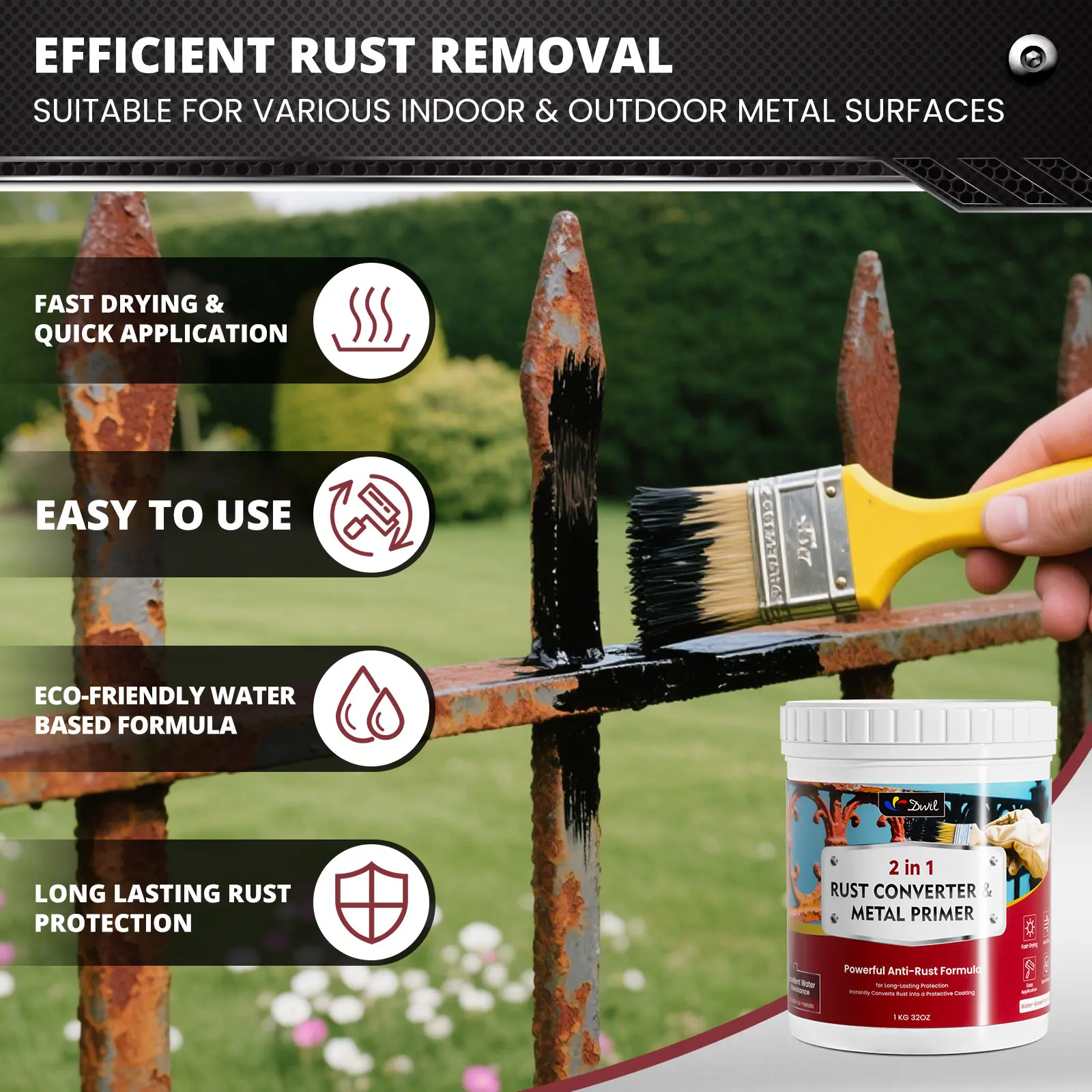 2-in-1 Rust Converter & Metal Primer, Water-Based Rust Inhibitor Paint, Durable Anti-Rust Coating for Indoor & Outdoor Metal, UV & Heat Resistant, Long Lasting Protection (32 Oz, Black）